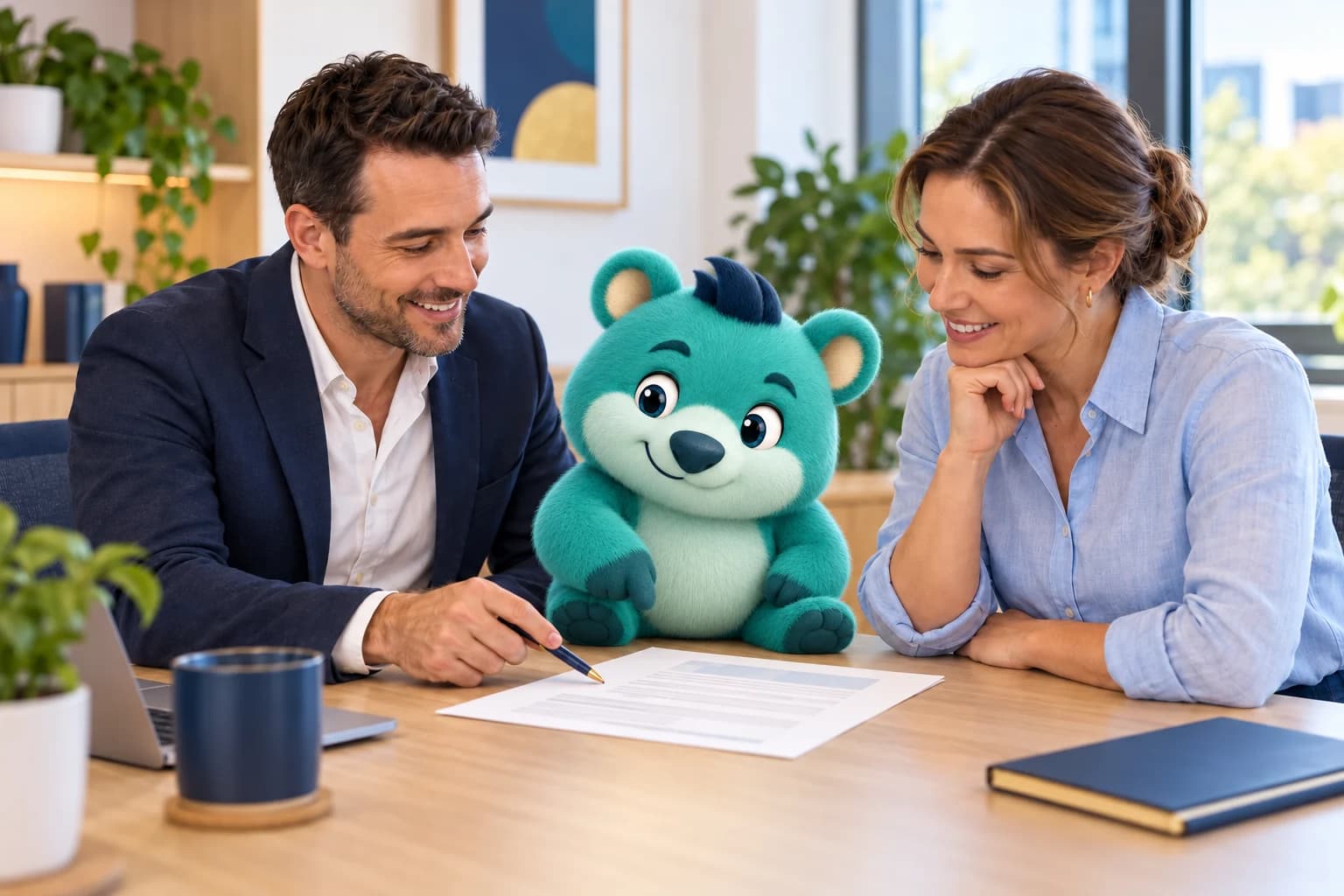 Illustrative campaign scene of a broker and business owner reviewing a document with 3D Wiz beside them