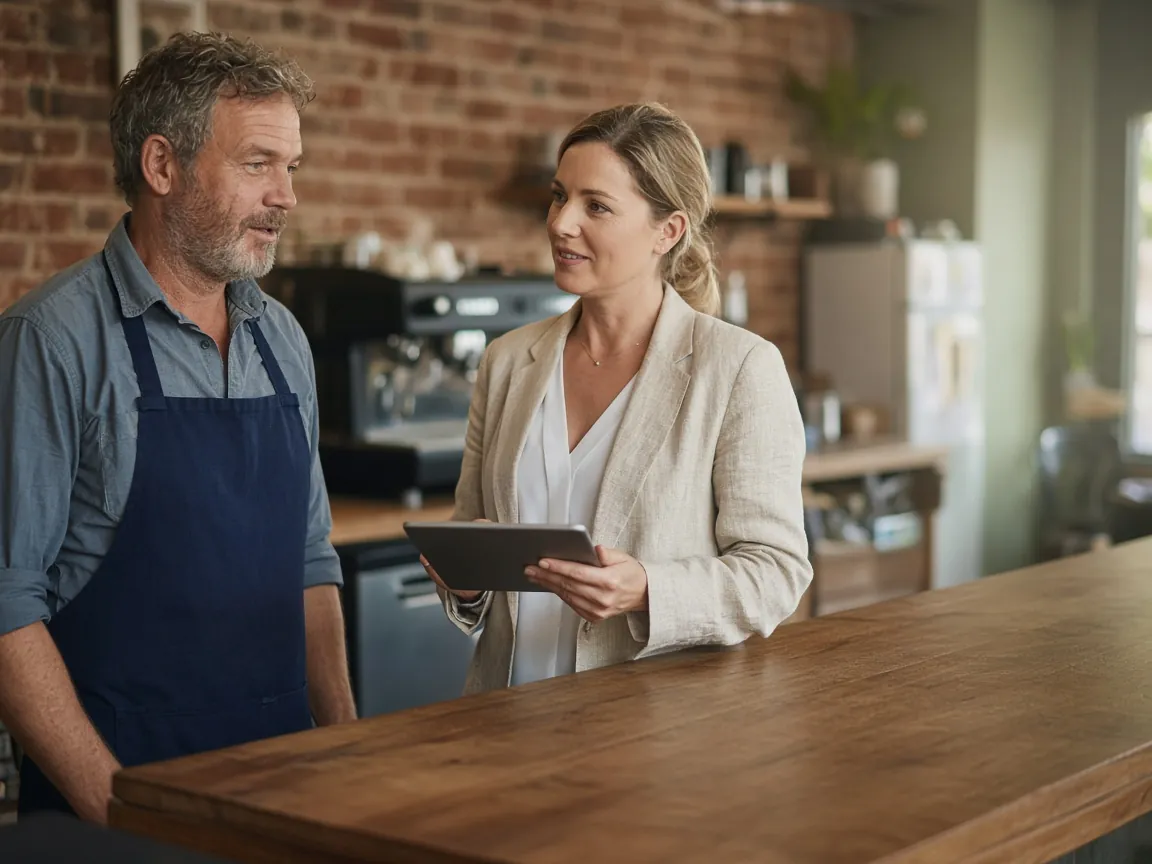 A cafe owner and a broker with a tablet at a cafe counter