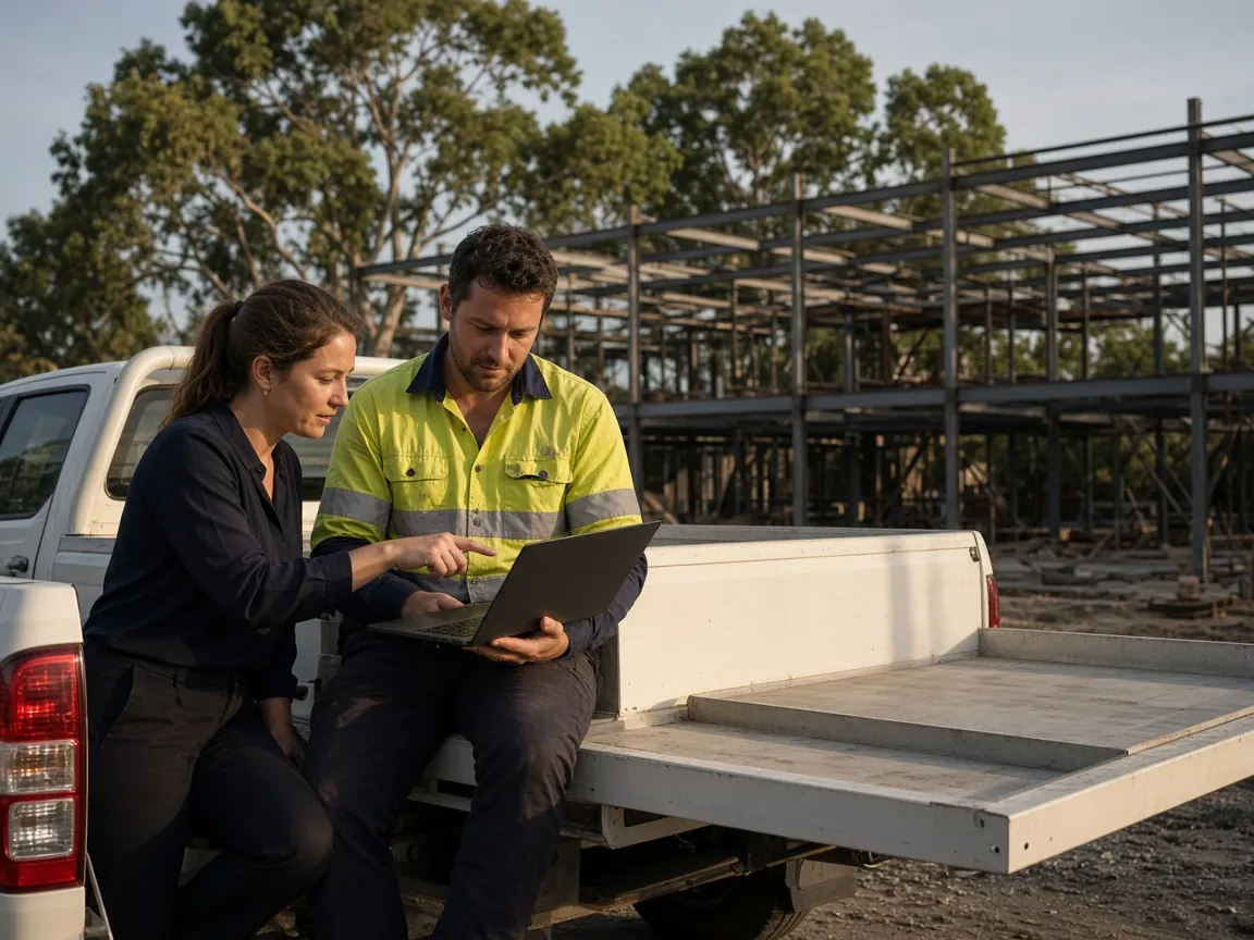A tradie and a broker looking at a laptop on a ute tailgate at a building site